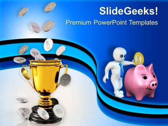 Golden Trophy With Coin Money Prize PowerPoint Templates Ppt Backgrounds For Slides 0213