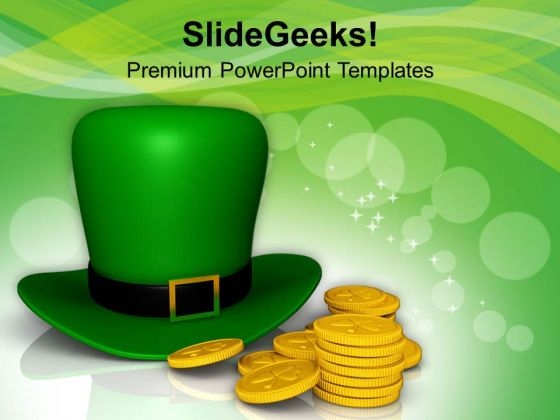 Green Hat And Gold Coins Of Patricks Day PowerPoint Templates Ppt Backgrounds For Slides 0313 Green Hat And Gold Coins Of Patricks Day PowerPoint Templates Ppt Backgrounds For Slides 0313