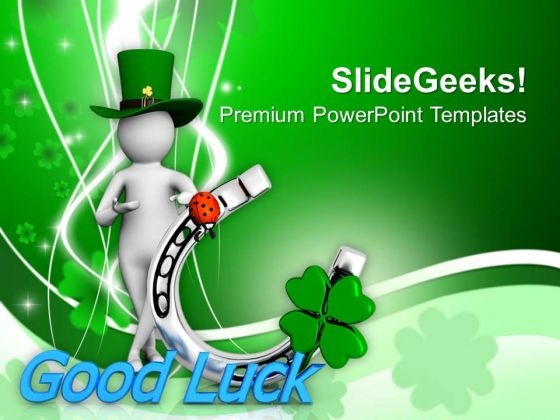 Green Hat Man With Good Luck Symbol PowerPoint Templates Ppt Backgrounds For Slides 0313 Green Hat Man With Good Luck Symbol PowerPoint Templates Ppt Backgrounds For Slides 0313