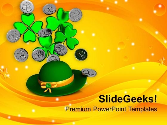 Hat With Bunch Of Clover And Coins Festival PowerPoint Templates Ppt Backgrounds For Slides 0313 Hat With Bunch Of Clover And Coins Festival PowerPoint Templates Ppt Backgrounds For Slides 0313