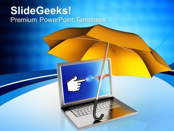 Laptop Under Orange Umbrella PowerPoint Templates Ppt Backgrounds For Slides 0113