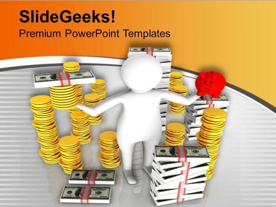 Man Holdng Money And Piggy Bank PowerPoint Templates Ppt Backgrounds For Slides 0713 Man Holdng Money And Piggy Bank PowerPoint Templates Ppt Backgrounds For Slides 0713