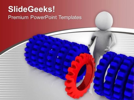 Man Pushing Different Red Gear PowerPoint Templates Ppt Backgrounds For Slides 0713 Man Pushing Different Red Gear PowerPoint Templates Ppt Backgrounds For Slides 0713