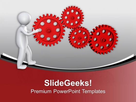 Man Pushing Red Gears PowerPoint Templates Ppt Backgrounds For Slides 0713 Man Pushing Red Gears PowerPoint Templates Ppt Backgrounds For Slides 0713