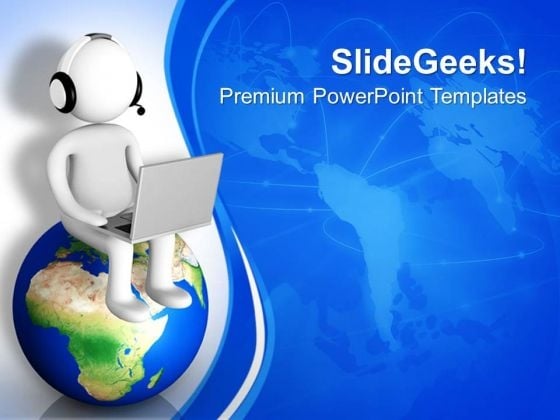 Man Using Laptop Wearing Headphones On Globe PowerPoint Templates Ppt Backgrounds For Slides 0713 Man Using Laptop Wearing Headphones On Globe PowerPoint Templates Ppt Backgrounds For Slides 0713
