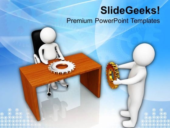 Man With Gear In Front Of Manager PowerPoint Templates Ppt Backgrounds For Slides 0813 Man With Gear In Front Of Manager PowerPoint Templates Ppt Backgrounds For Slides 0813