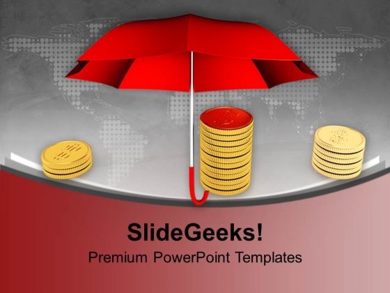 Pile Of Coins Under A Umbrella PowerPoint Templates Ppt Backgrounds For Slides 0113