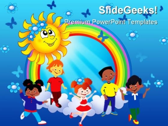 Rainbow Sun With Kids Abstract PowerPoint Template 1110