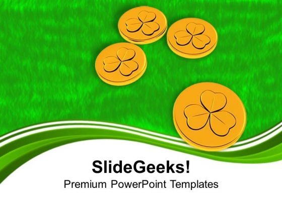 Shamrock Golden Coins On Green Background PowerPoint Templates Ppt Backgrounds For Slides 0313