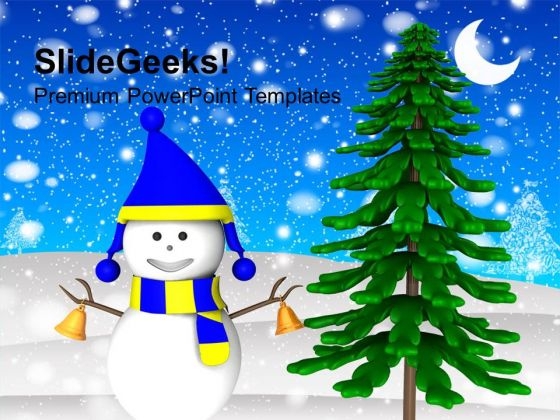 snowman with bells in snowfall powerpoint templates ppt backgrounds snowman templates