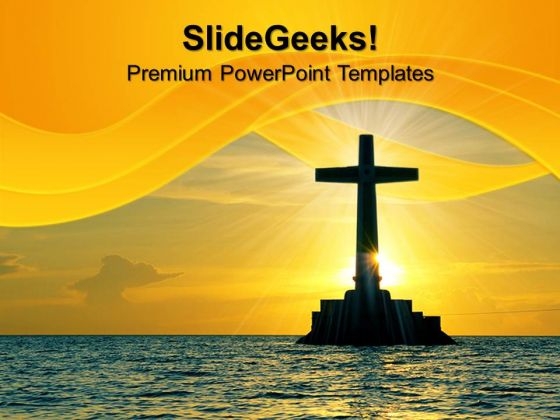 Tropical Sunset With Cross Christ Religion PowerPoint Templates And PowerPoint Themes 0712