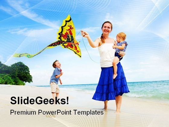 Woman Flying Kite With Children Beach PowerPoint Templates And PowerPoint Backgrounds 0311