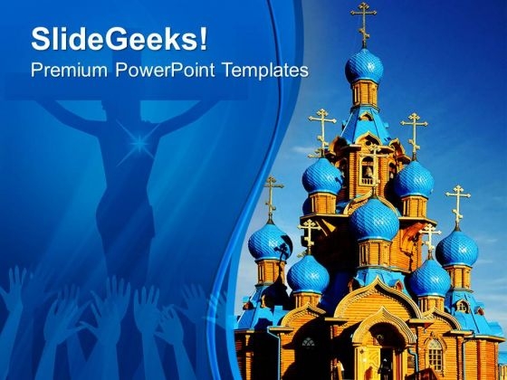 Wooden Church With Blue Domes People PowerPoint Templates And PowerPoint Themes 0712