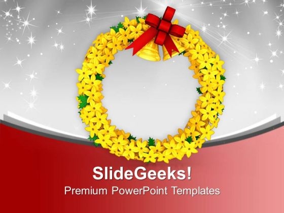 Yellow Wreath With Golden Bells Decoration PowerPoint Templates Ppt Backgrounds For Slides 0113