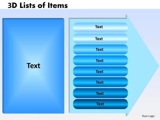 Business Framework Model 3d Lists Of Items Eight Steps Marketing Diagram