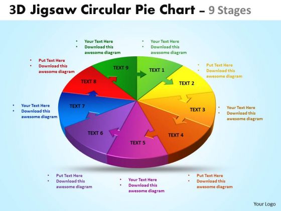 Strategic Management 3d Jigsaw Circular Pie Chart 9 Stages Business Diagram