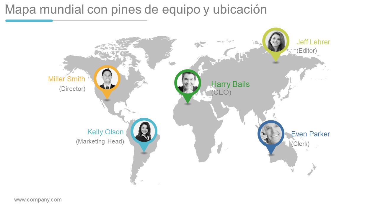 Mapa mundial con pines de equipo y ubicación
