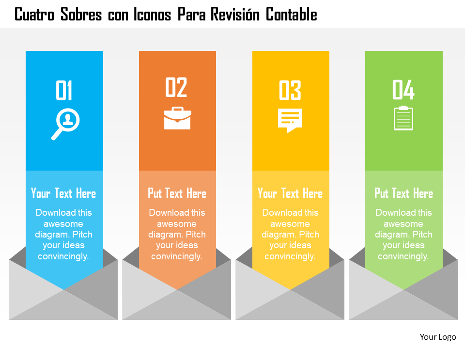 diagrama de negocios cuatro sobres con iconos para la plantilla de presentación de revisión contable